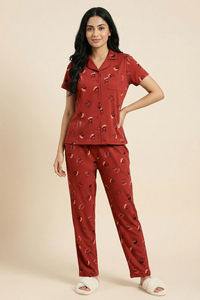 Zivame Farm Lore Knit Cotton Pyjama Set - Burnt Brick — thumbnail 2